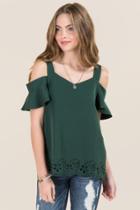 Teenplo Dulcie Sweetheart Laser Cut Cold Shoulder Blouse - Hunter Green