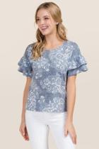 Alya Brinnley Floral Space Dye Ruffle Sleeve Tee - Navy