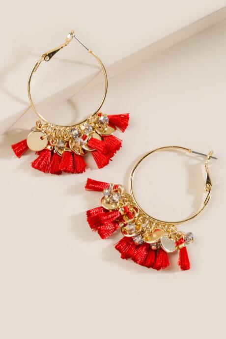 Francesca's Vandy Coin Tassel Hoops - Red