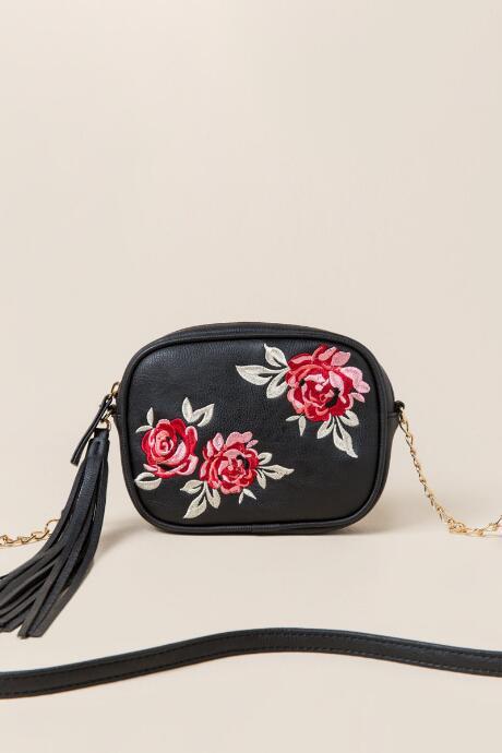 Francesca's Sala Embroidered Rose Crossbody - Black