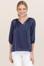 Mi Ami Gabrielle Hammered Satin Peasant Blouse - Navy