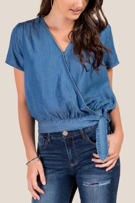 Francesca's Kim Side Tie Wrap Blouse - Medium Wash