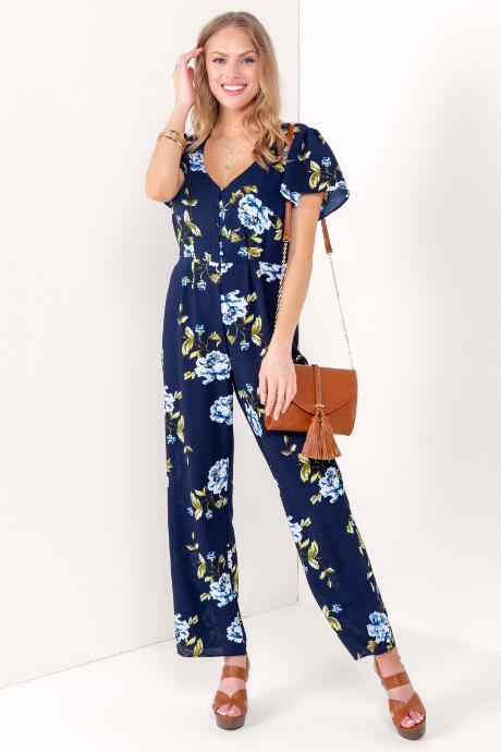 Francesca's Kimora Floral Jumpsuit - Navy