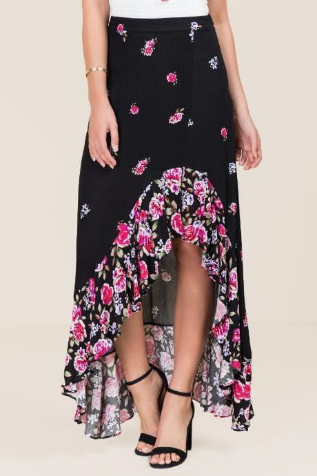 Blue Rain Brianne Floral Ruffle Slit Skirt - Black