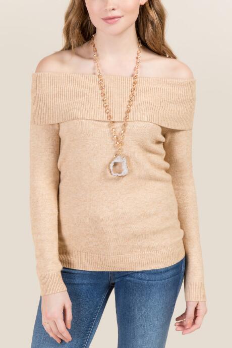 Francesca's Carla Fine Ribbed Off The Shoulder Sweater - Tan