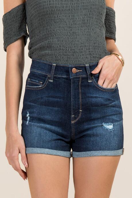 Francesca Inchess Nedra Rolled Hem Destructed Jean Shorts - Dark