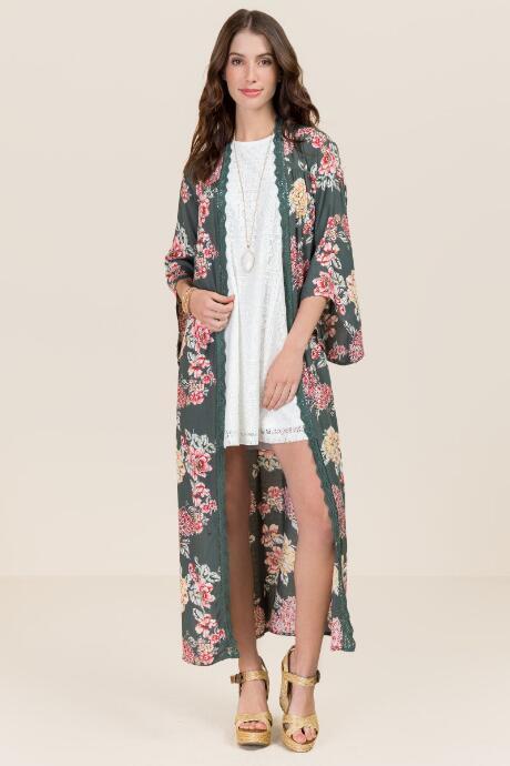 Blue Rain Serayah Floral Maxi Kimono - Olive