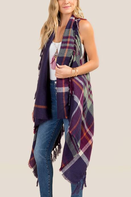 Francesca's Riley Plaid Flyaway Vest - Navy