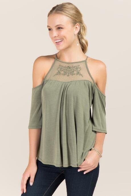 Trixxi Vanessa Embroidered Mesh Yoke Cupro Top - Dark Olive