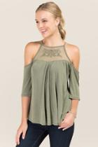 Trixxi Vanessa Embroidered Mesh Yoke Cupro Top - Dark Olive