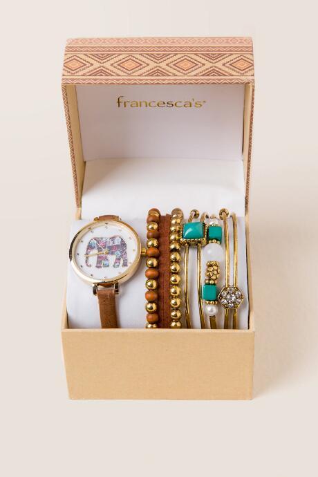 Francesca's Africa Boho Elephant Watch Box Set - Cognac