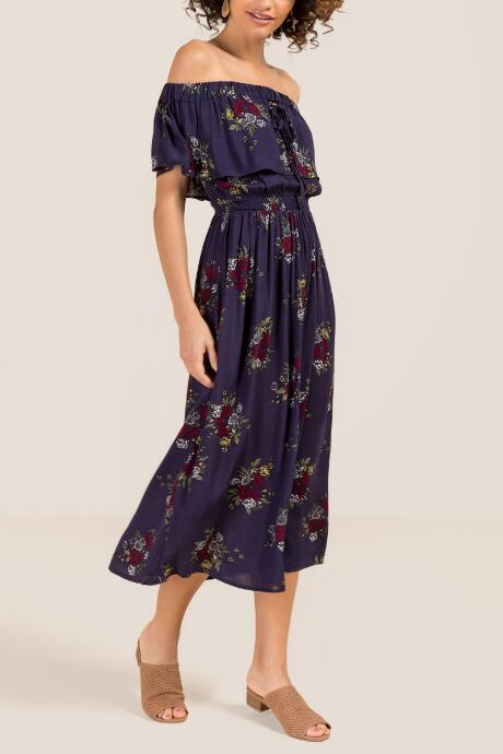 Francesca Inchess Brinn Baja Floral Off The Shoulder Dress - Navy