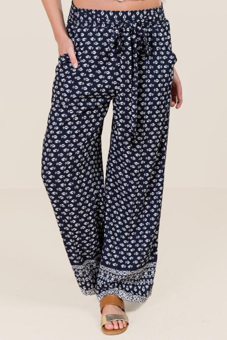 Blue Rain Arya Border Print Palazzo Pant - Navy