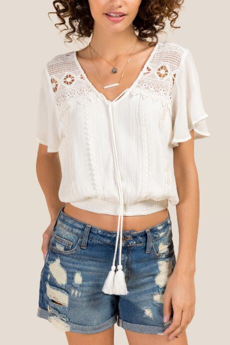 Francesca Inchess Niki Crochet Trim Smocked Waist Blouse - Ivory