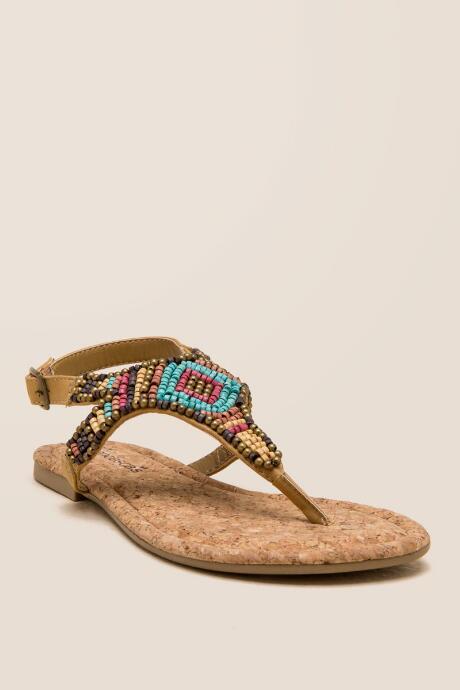 Francescas Truda Multi Wood Bead T-strap Sandal - Tan