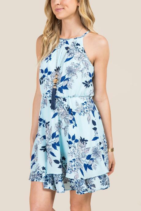 Francesca's Betsy Gather Floral Twin Print A-line Dress - Oxford Blue