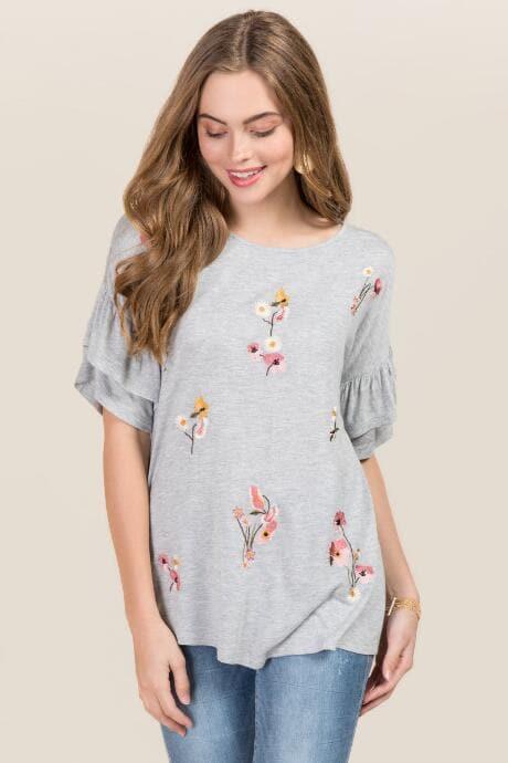 Jainsons International, Inc. Jordyn Double Ruffle Embroidered Floral Top - Heather Gray