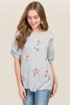 Jainsons International, Inc. Jordyn Double Ruffle Embroidered Floral Top - Heather Gray