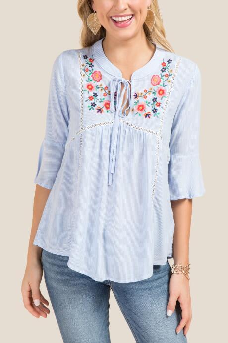 Francesca Inchess Tanya Yoke Embroidered Peasant Blouse - Blue
