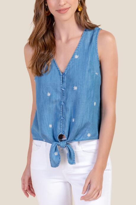 Francesca's Sadie Embroidered Tank Top - Chambray