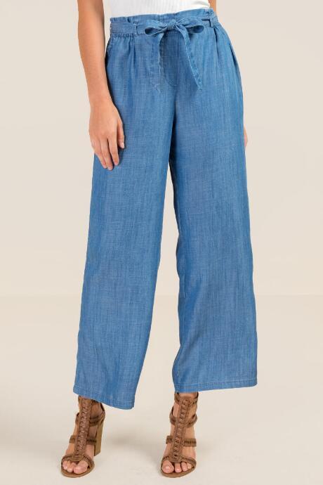 Francesca's Cora Wide Leg Paperbag Waist Pant - Chambray