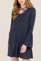 Alya Janice Lattice Neck Hacci Knit Dress - Navy