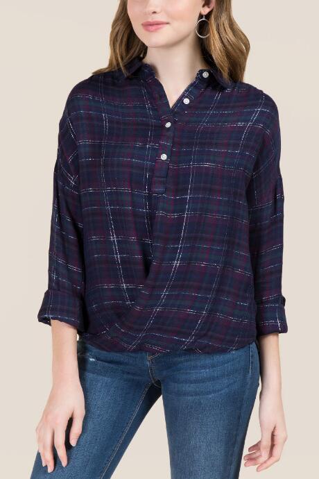 Francesca's Kristina Surplus Lurex Button Down Top - Navy