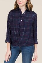 Francesca's Kristina Surplus Lurex Button Down Top - Navy