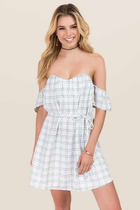 Blue Rain Cady Off Shoulder Plaid A-line Dress - Black/white