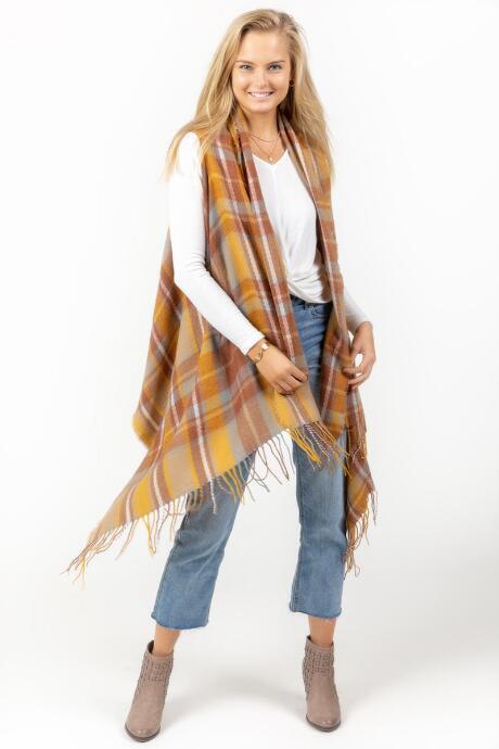 Francesca's Caroline Tan Plaid Poncho - Tan