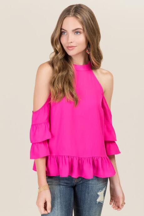 Blue Rain Mackenzie Cold Shoulder Lantern Sleeve Top - Neon Pink
