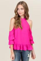 Blue Rain Mackenzie Cold Shoulder Lantern Sleeve Top - Neon Pink