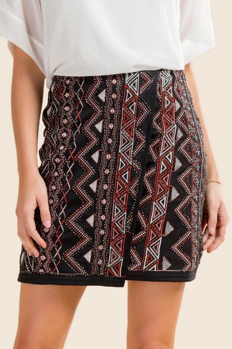 Francesca's Phedora Beaded Embroidered Skirt - Black