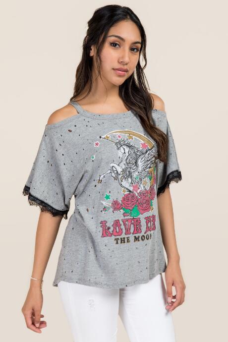 Alya Love To The Moon Unicorn Graphic Tee - Heather Gray