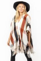 Francesca's Rose Plaid Striped Poncho - Ivory