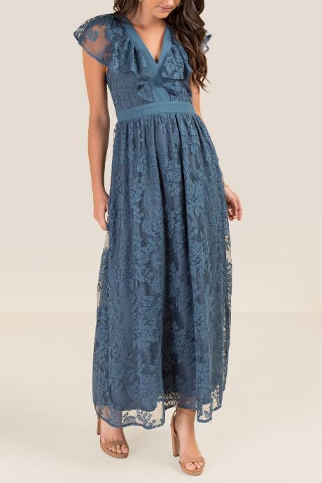 Francesca Inchess Amelie Pleated Lace Maxi Dress - Dark Teal