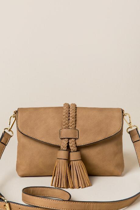 Francesca's Jillian Double Braided Tassel Crossbody - Tan