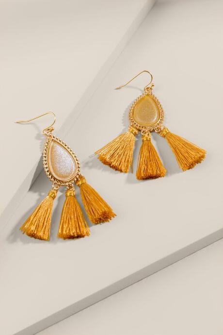 Francesca's Tessa Tasseled Teardrop Earrings - Mustard