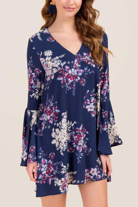 Francesca's Tara Floral Bell Sleeve Shift Dress - Navy