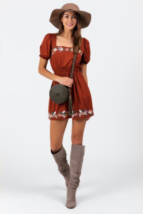 Francesca's Gabe Embroidered Dress - Rust