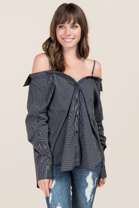 Klk Forte Industry, Inc. Tamra Portrait Cold Shoulder Button Down Top - Black