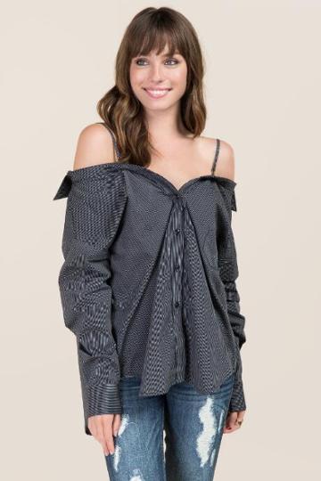 Klk Forte Industry, Inc. Tamra Portrait Cold Shoulder Button Down Top - Black