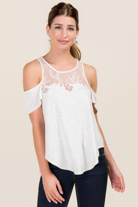 Blue Rain Alba Embroidered Lace Yoke Cold Shoulder Knit Tee - Blush