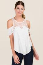 Blue Rain Alba Embroidered Lace Yoke Cold Shoulder Knit Tee - Blush