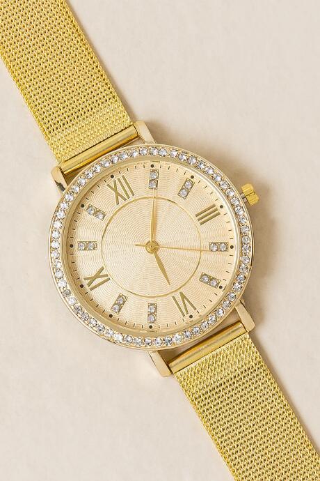Francesca's Roxanne Diamond Mesh Band Watch - Gold