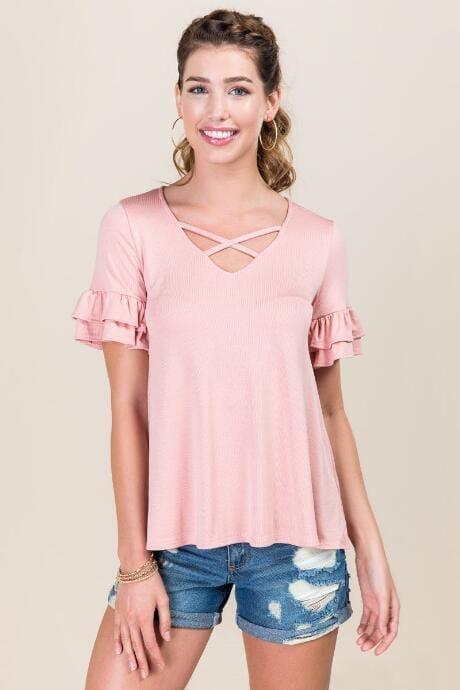 Blue Rain Elana Double Ruffle X Neck Knit Tee - Rose
