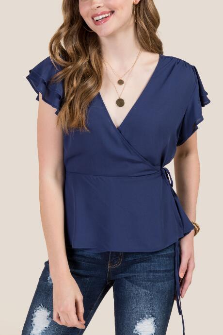 Francesca's Larissa Flutter Sleeve Wrap Top - Navy