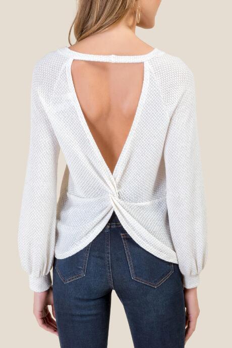 Francesca's Nina Waffle Knit Twist Back Top - Heather Oat