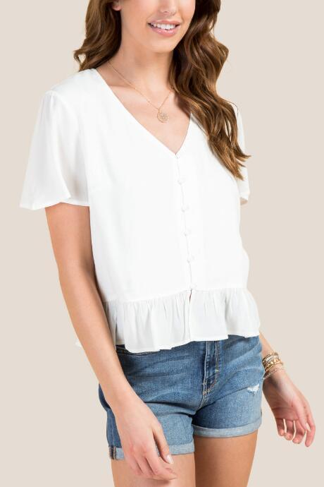Francesca's Caroline Covered Button Ruffle Hem Top - White