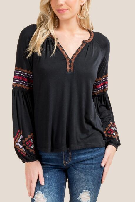 Francesca Inchess Elle Embroidered Statement Sleeve Top - Black